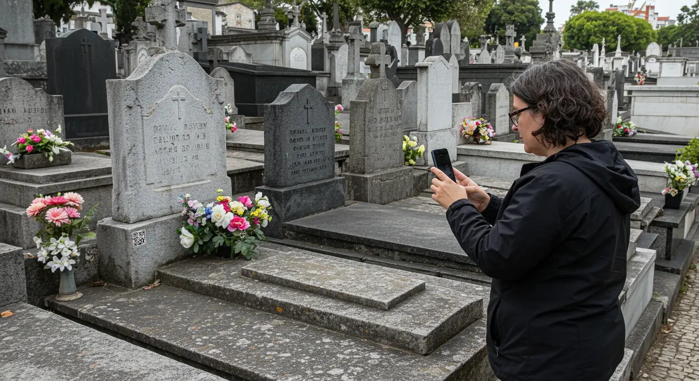 Código QR cerámico en un contexto de cementerio