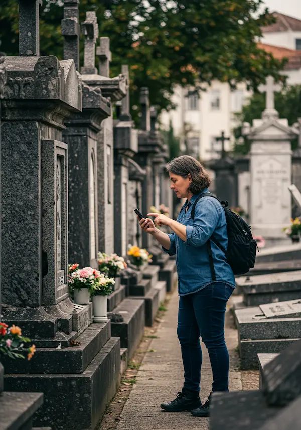 Código QR cerámico en un contexto de cementerio