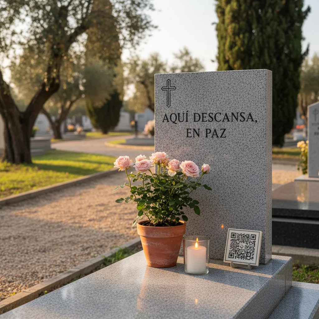 Lápide con planta perenne, código QR cerámico discreto y vela encendida, atmósfera cálida y respetuosa